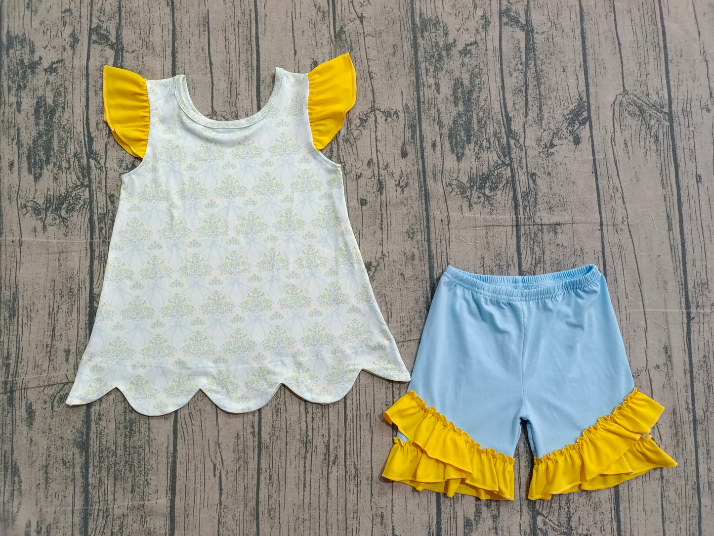 2.3 GSSO2767 Sample No Moq Baby Girls Bow Flowers Scallop Tunic Ruffle Shorts Clothes Sets