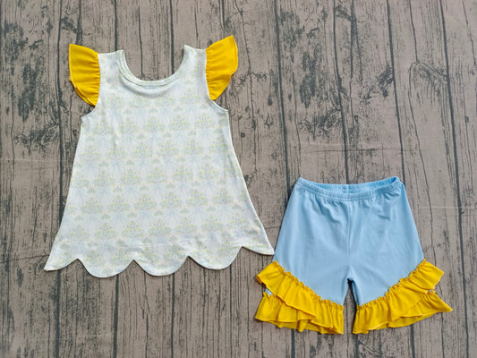 2.3 GSSO2767 Sample No Moq Baby Girls Bow Flowers Scallop Tunic Ruffle Shorts Clothes Sets