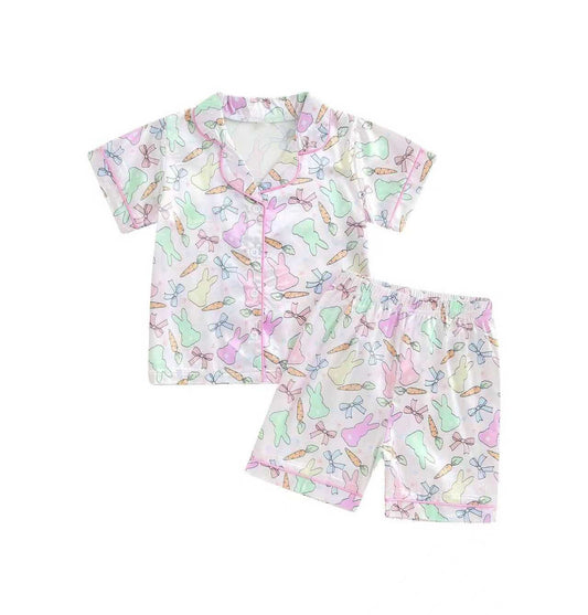 10.22 GSSO2768 Pre order No Moq Baby Girls Colorful Rabbits Carrots Button Top Shorts Easter Pajamas Sets