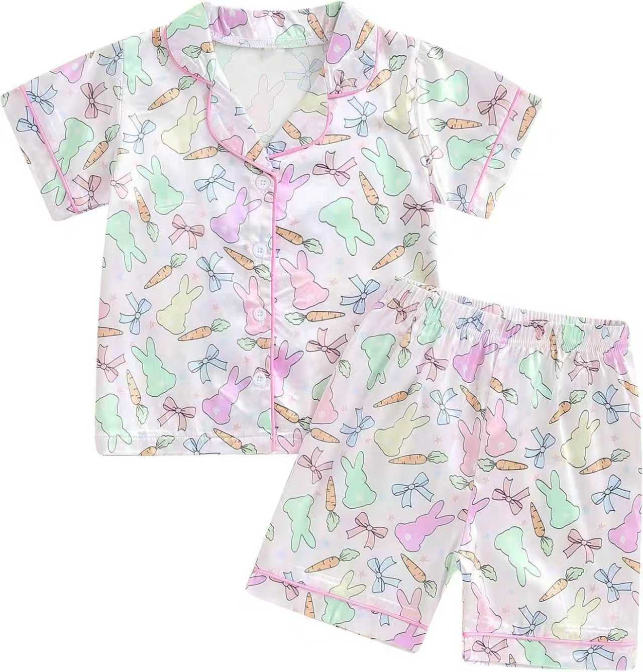 10.22 GSSO2769 Pre order No Moq Adult Women Colorful Rabbits Carrots Button Top Shorts Easter Pajamas Set