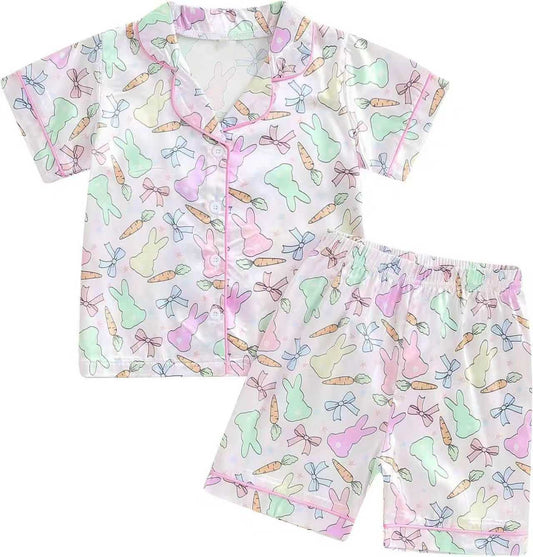 10.22 GSSO2769 Pre order No Moq Adult Women Colorful Rabbits Carrots Button Top Shorts Easter Pajamas Set