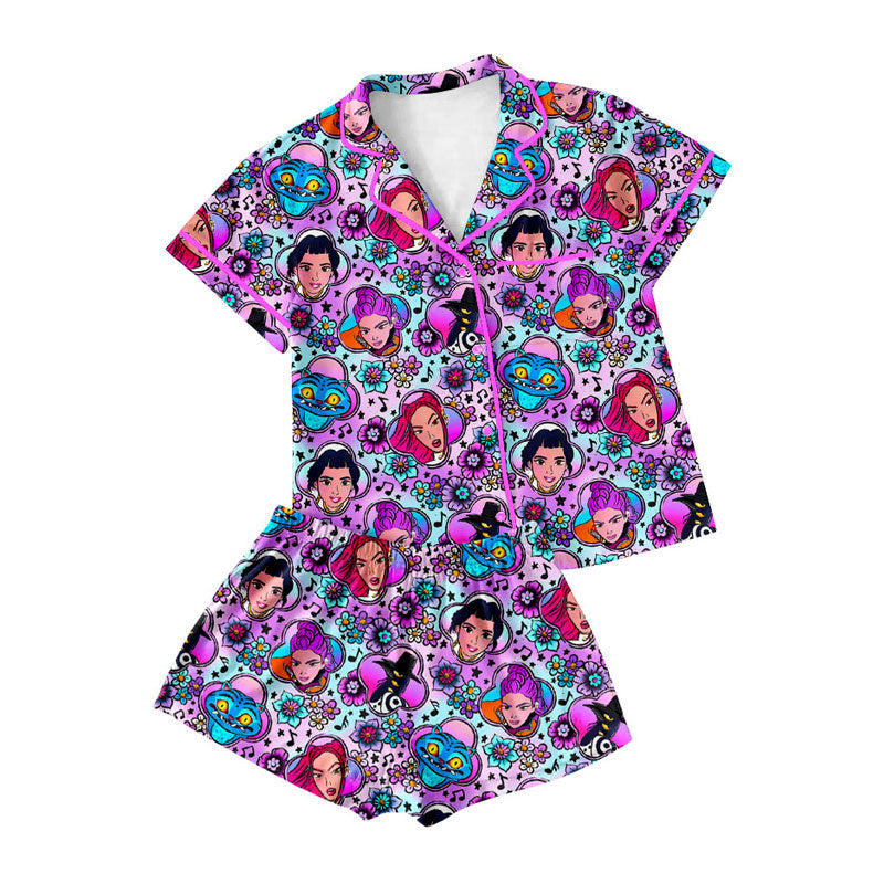 10.22 GSSO2770 Pre order No Moq Adult Women Cartoon Girls Flowers Button Top Shorts Pajamas Set