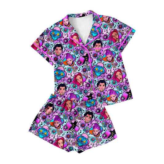 10.22 GSSO2770 Pre order No Moq Adult Women Cartoon Girls Flowers Button Top Shorts Pajamas Set