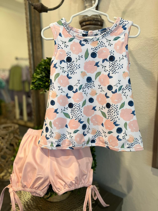 10.22 GSSO2771 Pre order No Moq Baby Girls Peach Flowers Tunic Ruffle Shorts Clothes Sets