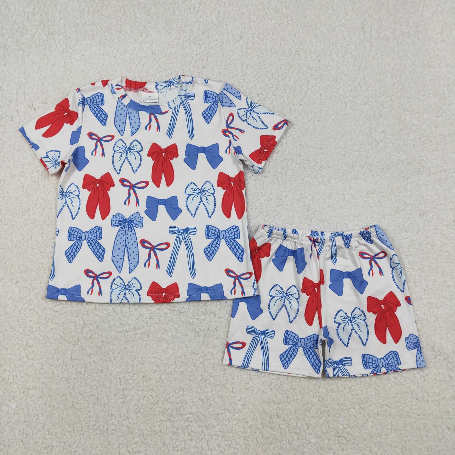 12.9 RTS NO MOQ （In stock）GSSO2772 Baby Girls Blue Red Bows Top Shorts 4th of July Pajamas Clothes Sets