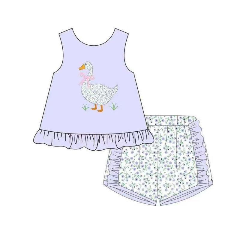 10.23 (Pre Order) No moq GSSO2774 PRE-ORDER Baby Girls Lavender Floral Goose Tunic Ruffle Shorts Clothes Sets