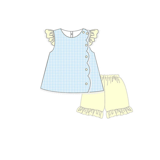 10.23 (Pre Order) No moq GSSO2775 PRE-ORDER Baby Girls Checked Button Tunic Ruffle Shorts Clothes Sets