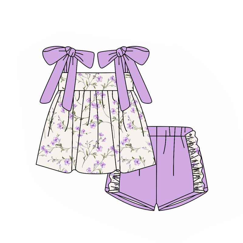 10.23 (Pre Order) No moq GSSO2777 PRE-ORDER Baby Girls Lavender Strap Flowers Tunic Ruffle Shorts Clothes Sets