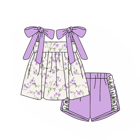 10.23 (Pre Order) No moq GSSO2777 PRE-ORDER Baby Girls Lavender Strap Flowers Tunic Ruffle Shorts Clothes Sets