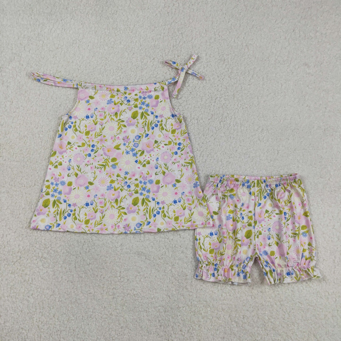 3.13 RTS NO MOQ （In stock）GSSO2778 Kids Clothing for Girls Baby Girls Pink Strap Flowers Tunic Ruffle Shorts Clothes Sets