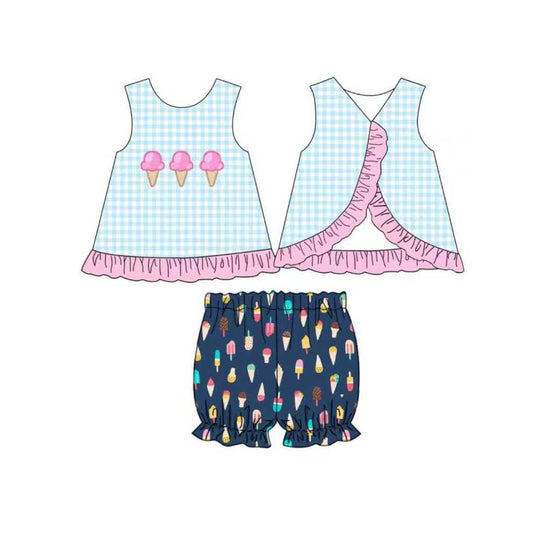 10.30 GSSO2780 Pre order No Moq Baby Girls Checked Ice Cream Checked Tunic Ruffle Shorts Clothes Sets