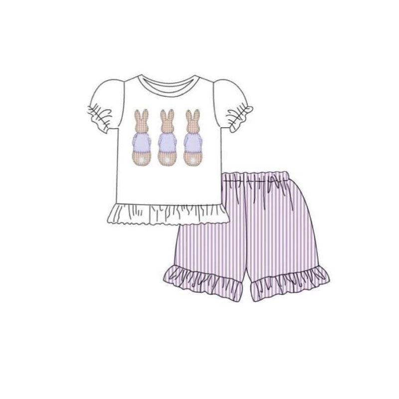 10.30 GSSO2783 Pre order No Moq Baby Girls Rabbits Top Stripe Ruffle Shorts Easter Clothes Sets