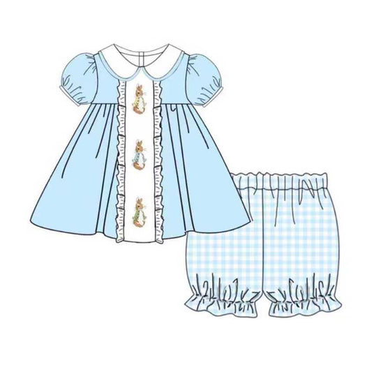 10.30 GSSO2784 Pre order No Moq Baby Girls Rabbits Tunic Checked Ruffle Shorts Easter Clothes Sets