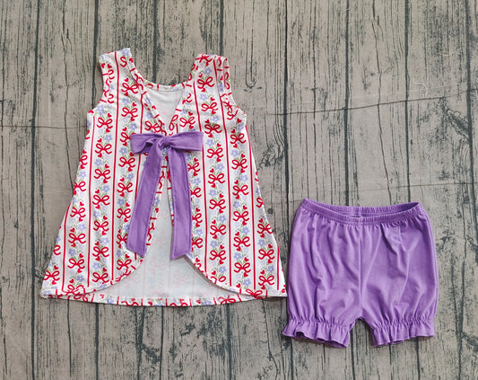 12.17 GSSO2785 Sample No Moq Baby Girls Flowers Stripe Back Bows Tunic Ruffle Shorts Clothes Sets