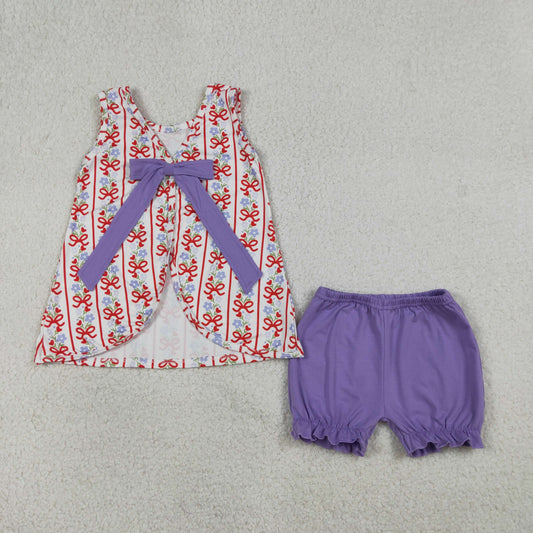 1.15 RTS NO MOQ （In stock）GSSO2785 Baby Girls Bows Flowers Stripe Back Bows Tunic Ruffle Shorts Clothes Sets