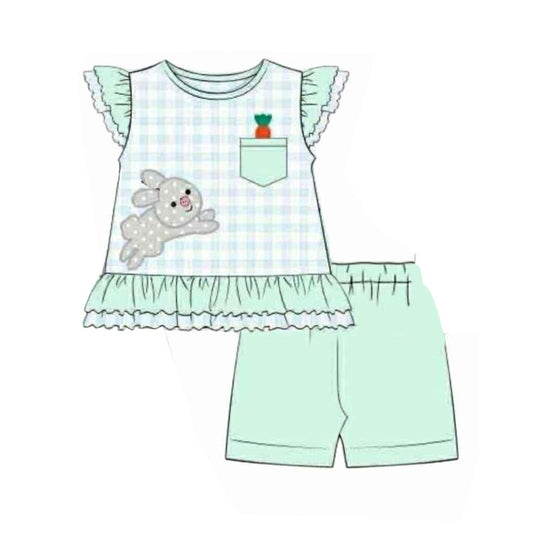 10.28 GSSO2786 Pre order No Moq Baby Girls Checked Rabbits Carrots Ruffle Tunic Shorts Easter Clothes Sets