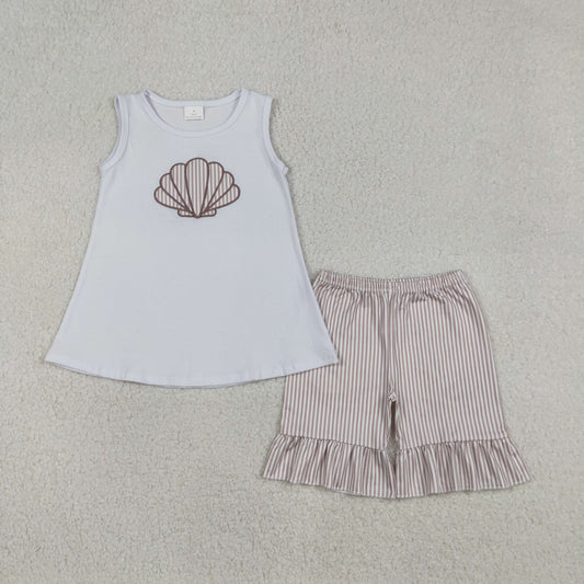 12.19 RTS NO MOQ （In stock）GSD2948 Embroidery Stripe Shells Baby Girls Tunic Ruffle Shorts Clothes Sets