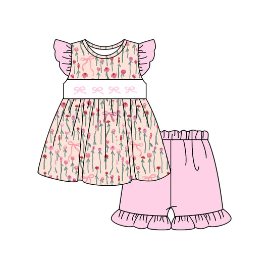 10.28 GSSO2789 Pre order No Moq Baby Girls Bows Flowers Tunic Ruffle Shorts Clothes Sets