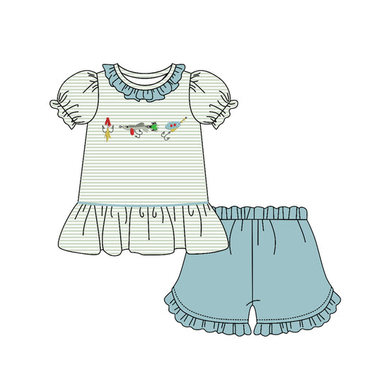 10.28 GSSO2792 Pre order No Moq Baby Girls Fishing Stripe Callor Tunic Ruffle Shorts Hunting Clothes Sets