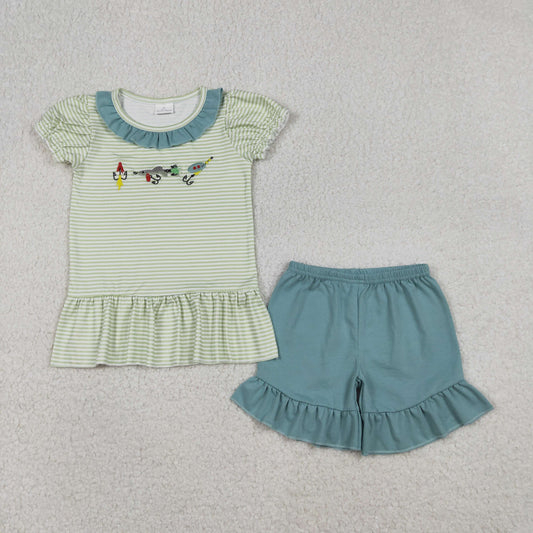 12.23 RTS NO MOQ （In stock）GSSO2792 Embroidery Fishing Baby Girls Stripe Collar Tunic Ruffle Shorts Hunting Clothes Sets