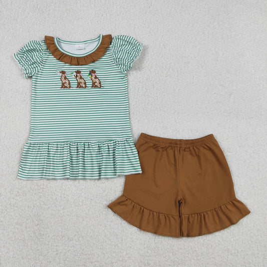 12.29 RTS NO MOQ （In stock）GSSO2793 Embroidery Ducks Dogs Baby Girls Stripe Collar Tunic Ruffle Shorts Hunting Clothes Sets