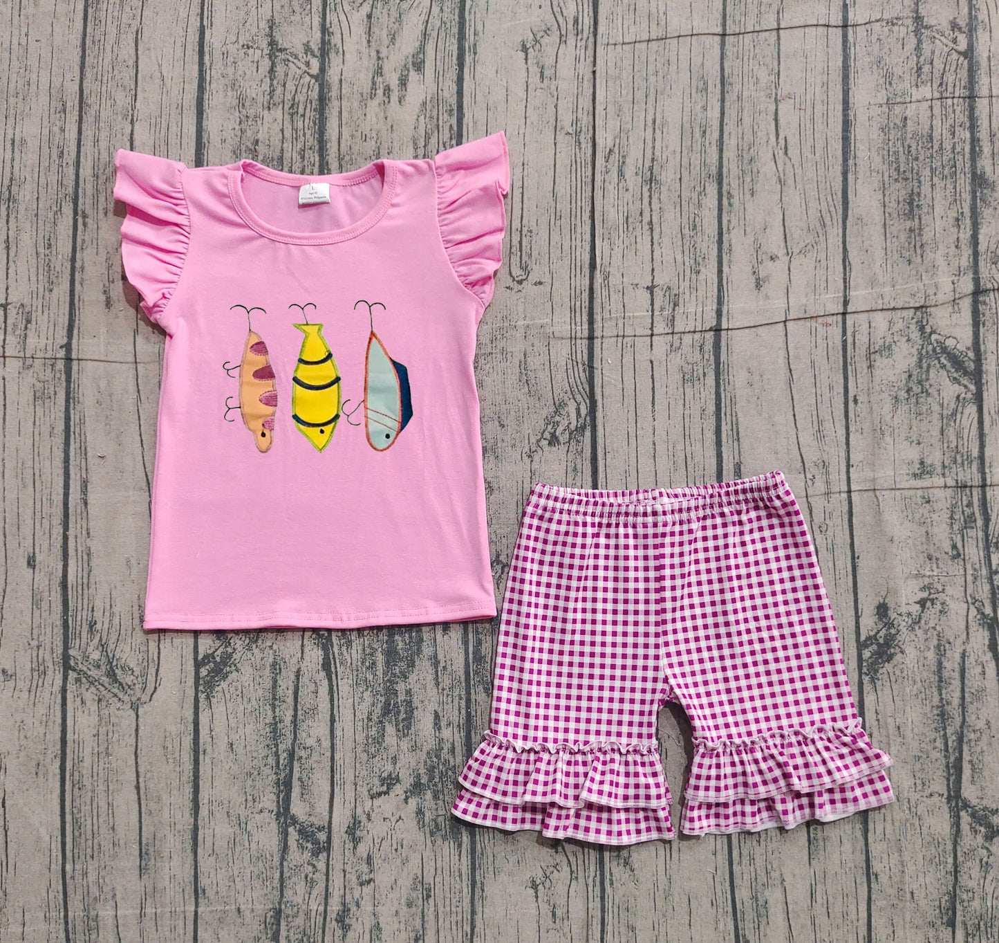 11.6 GSSO2795 Sample No Moq Embroidery Baby Girls Pink Fishing Top Checked Ruffle Shorts Clothes Sets