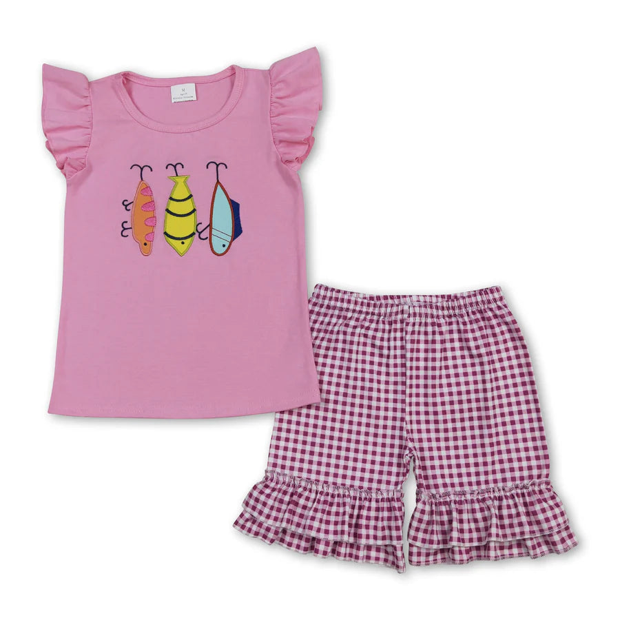 RTS Sibling Short sleeves fishing top plaid shorts kids girls outfits and romper