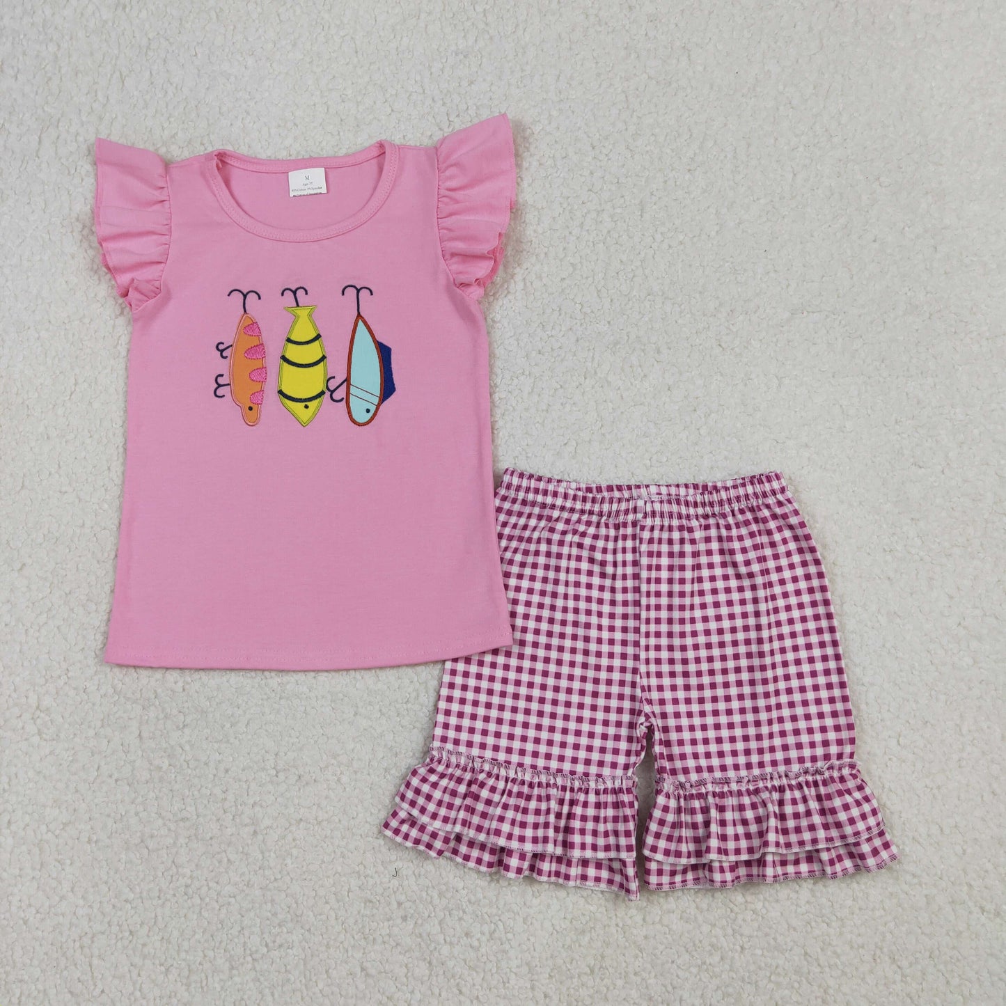 12.23 RTS NO MOQ （In stock）GSSO2795 Embroidery Fishing Baby Girls Shirt Checked Ruffle Shorts Hunting Clothes Sets