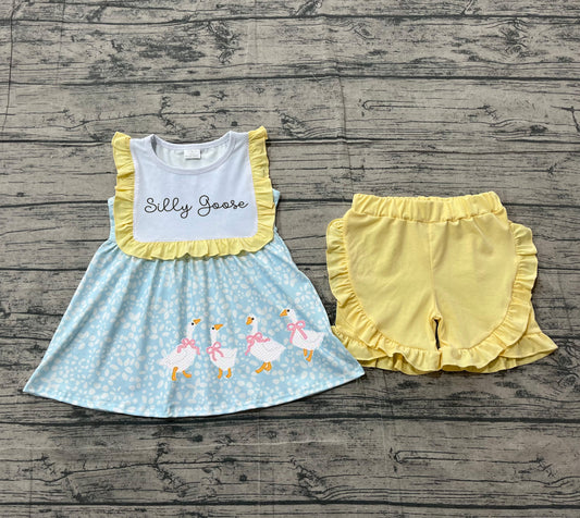 1.5 GSSO2796 Sample No Moq Baby Girls Silly Gooses Floral Tunic Ruffle Shorts Clothes Sets