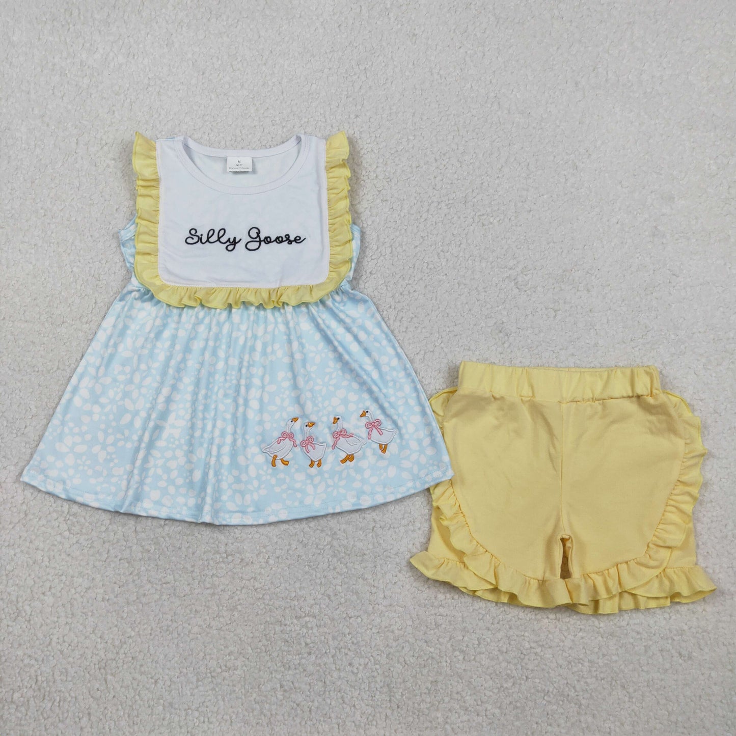 2.4 RTS NO MOQ （In stock）GSSO2796 Embroidery Silly Gooses Baby Girls Floral Tunic Ruffle Shorts Clothes Sets