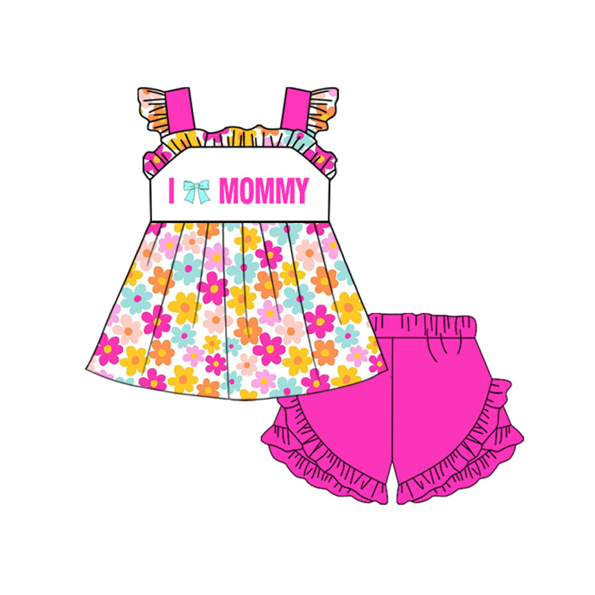 10.30 GSSO2801 Pre order No Moq Baby Girls I Love Mommy Flowers Tunic Ruffle Shorts Clothes Sets
