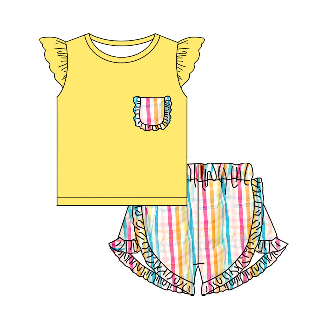 11.1 GSSO2809 Pre order No Moq Baby Girls Colorful Stripe Pocket Top Ruffle Shorts Clothes Sets