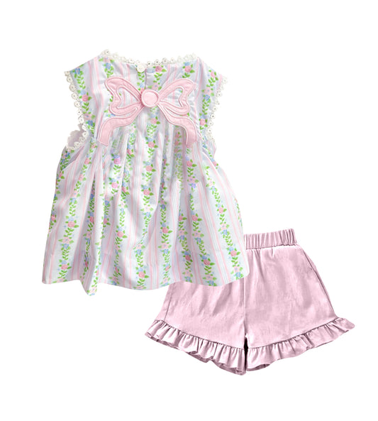 11.1 GSSO2810 Pre order No Moq Baby Girls Pink Bows Flowers Stripe Tunic Ruffle Shorts Clothes Sets