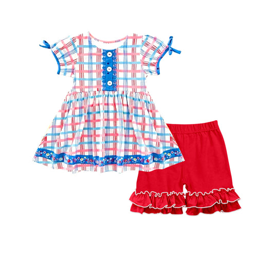 11.1 GSSO2815 Pre order No Moq Baby Girls Red Blue Checked Button Tunic Ruffle Shorts July 4th Clothes Sets