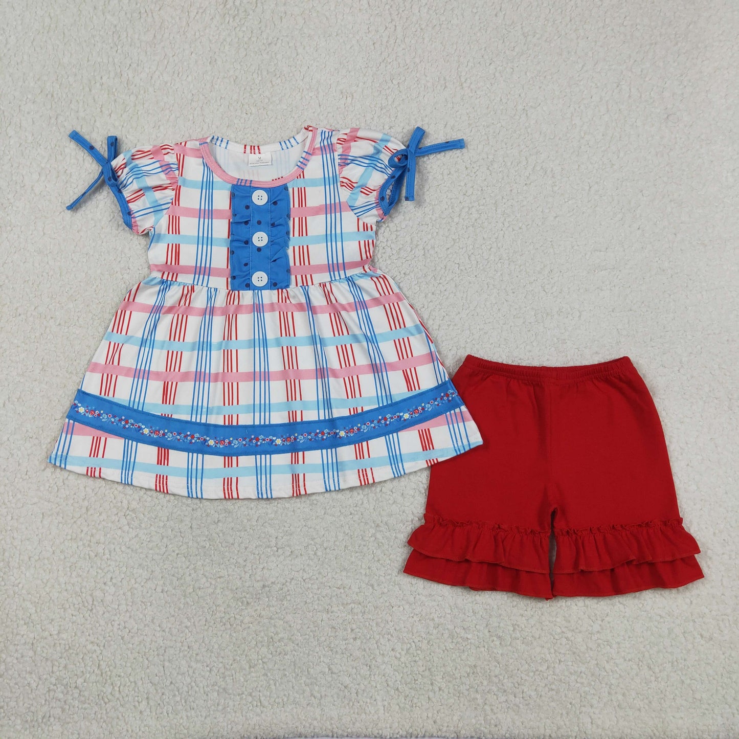 GSSO2815 RTS NO MOQ （In stock ）Plaid ruffle tunic red shorts girls 4th of july outfits