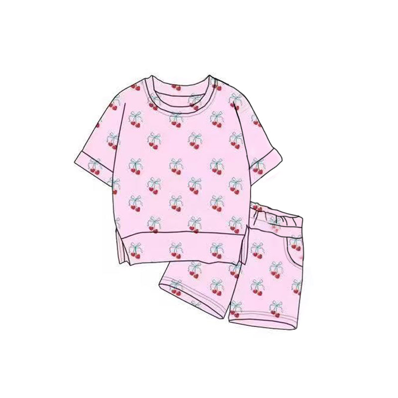 11.3 GSSO2816 Pre order No Moq Baby Girls Pink Bows Cherry Plaid Top Pockets Shorts Clothes Sets