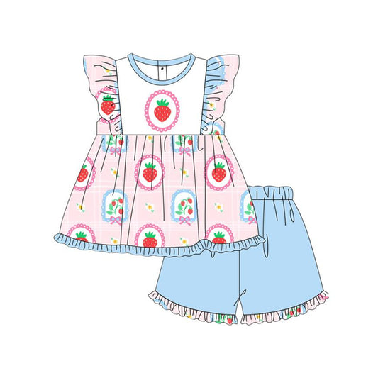 11.3 GSSO2822 Pre order No Moq Baby Girls Bows Strawberry Flutter Sleeve Tunic Ruffle Shorts Clothes Sets
