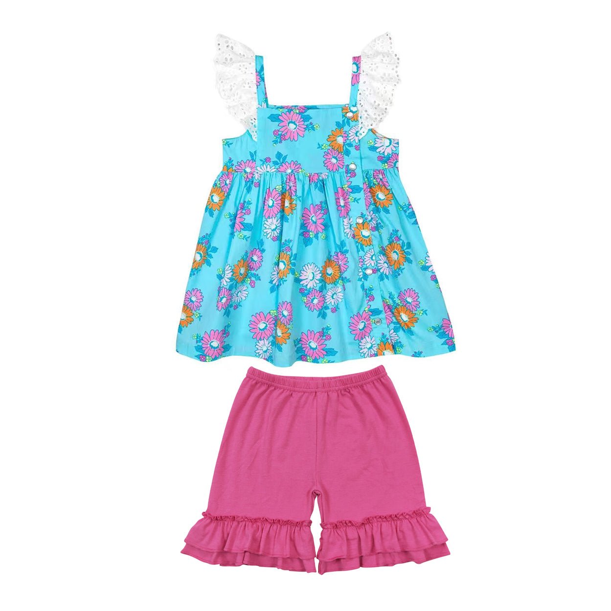 11.3 GSSO2825 Pre order No Moq Baby Girls Flutter Sleeve Flowers Tunic Ruffle Shorts Clothes Sets