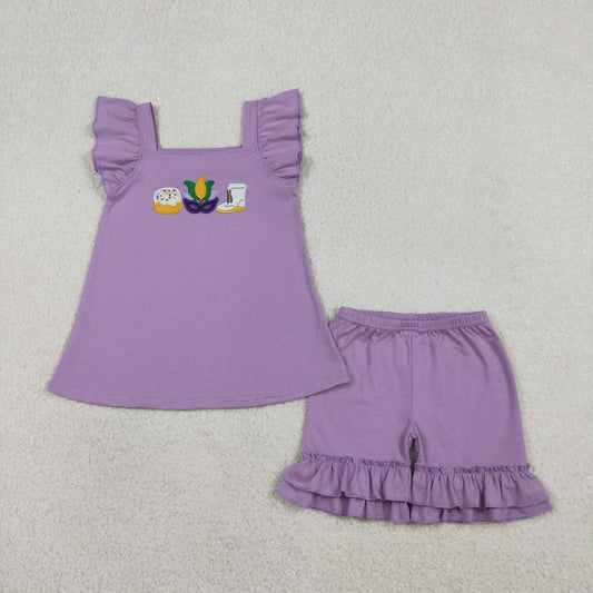 1.20 RTS NO MOQ （In stock）GSSO2828 Embroidery Anchor Masks Donuts Baby Girls Tunic Ruffle Shorts Mardigras Clothes Sets