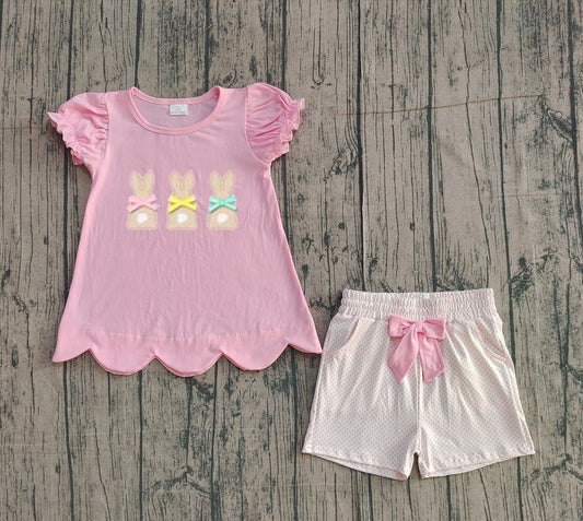 12.1 GSSO2829 Sample No Moq Embroidery Rabbits Baby Girls Tunic Pockets Shorts Easter Clothes Sets