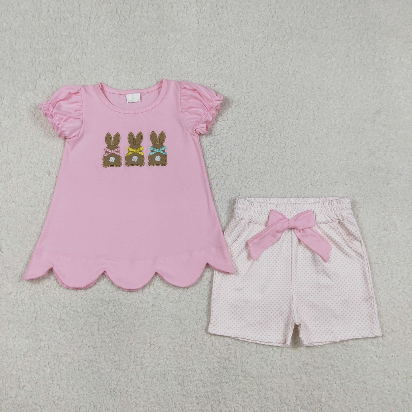 1.7 RTS NO MOQ （In stock）GSSO2829 Embroidery Rabbits Baby Girls Tunic Pockets Shorts Easter Clothes Sets