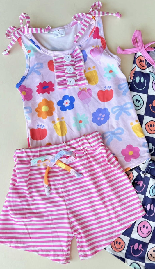 11.5 GSSO2830 Pre order No Moq Baby Girls Colorful Flowers Button Top Stripe Shorts Clothes Sets