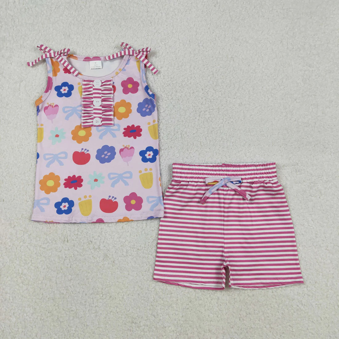 2.27 RTS Sibling Baby Girls Sleeveless Colorful Flowers Smiles Top Shorts Clothes Sets