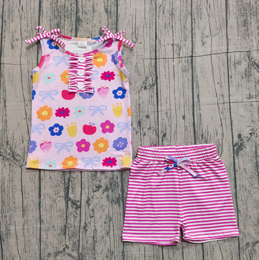 11.19 GSSO2830 Sample No Moq Baby Girls Colorful Flowers Button Top Stripe Shorts Clothes Sets