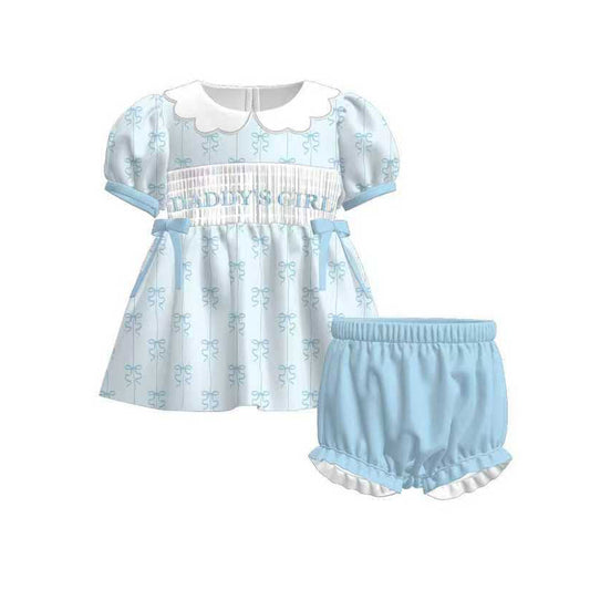 11.5 GSSO2832 Pre order No Moq Baby Girls Blue Daddy's Girl Bows Tunic Ruffle Shorts Clothes Sets