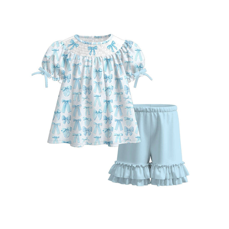 11.5 GSSO2833 Pre order No Moq Baby Girls Blue Bows Plaid Tunic Ruffle Shorts Clothes Sets