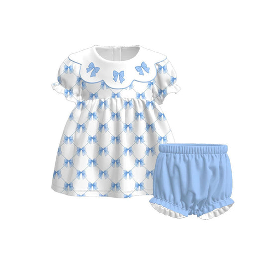 11.5 GSSO2834 Pre order No Moq Baby Girls Blue Bows Checked Tunic Ruffle Shorts Clothes Sets