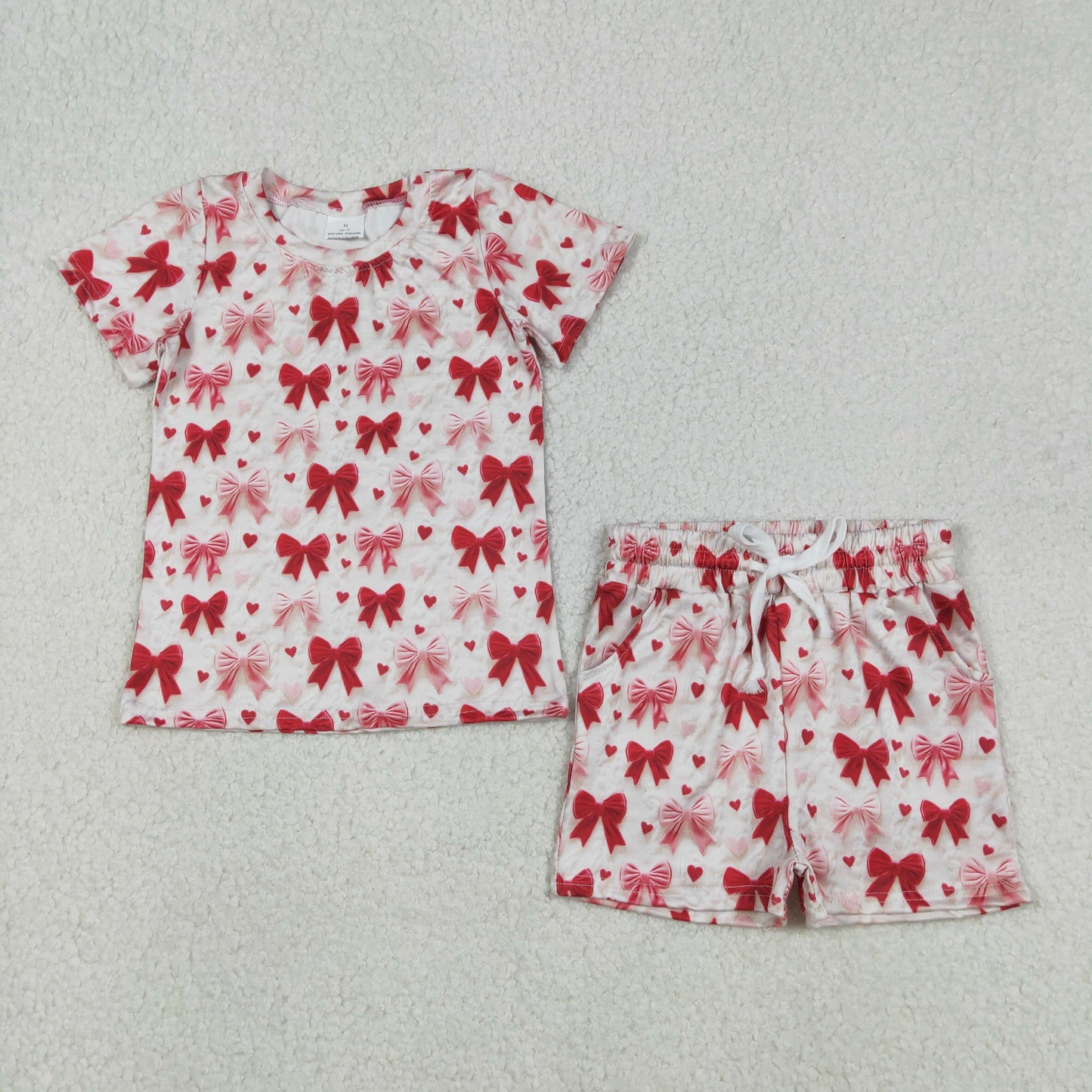 12.11 RTS NO MOQ （In stock）GSSO2835 Baby Girls Hearts Bows Top Pockets Shorts Valentines Clothes Sets