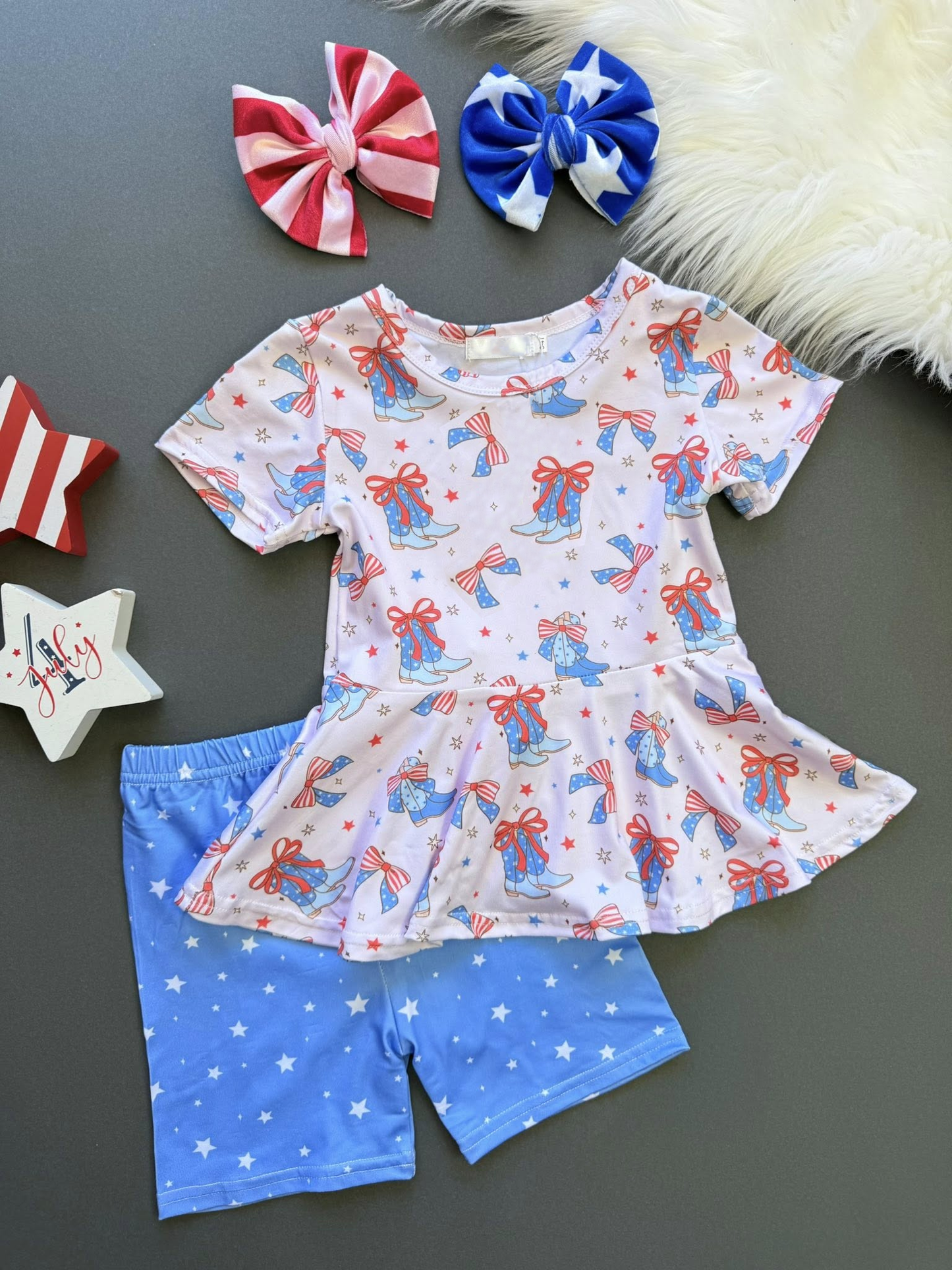 11.5 GSSO2837 Pre order No Moq Baby Girls Bows Boots Stars Tunic Shorts Western July 4th Clothes Sets