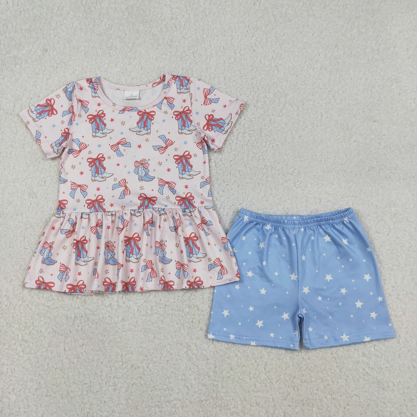 12.12 RTS NO MOQ （In stock）GSSO2837 Baby Girls Bows Boots Stars Tunic Shorts Western July 4th Clothes Sets